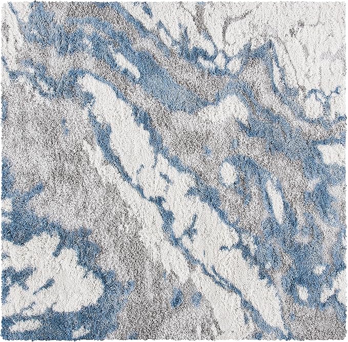 SAFAVIEH Horizon Shag Collection Area Rug - 9' Square, Grey/Blue, Geometric Design, Ideal for High Traffic Areas in Living Room, Bedroom, Dining (HZN890G)