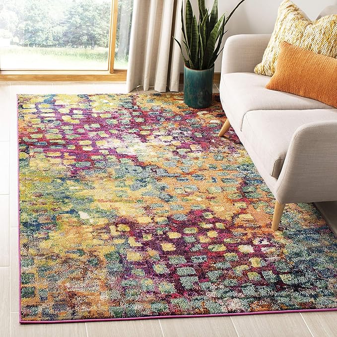 SAFAVIEH Monaco Collection Accent Rug - 4' x 5'7", Pink & Multi, Abstract Watercolor Design, Non-Shedding & Easy Care, Ideal for High Traffic Areas in Entryway, Living Room, Bedroom (MNC225D)