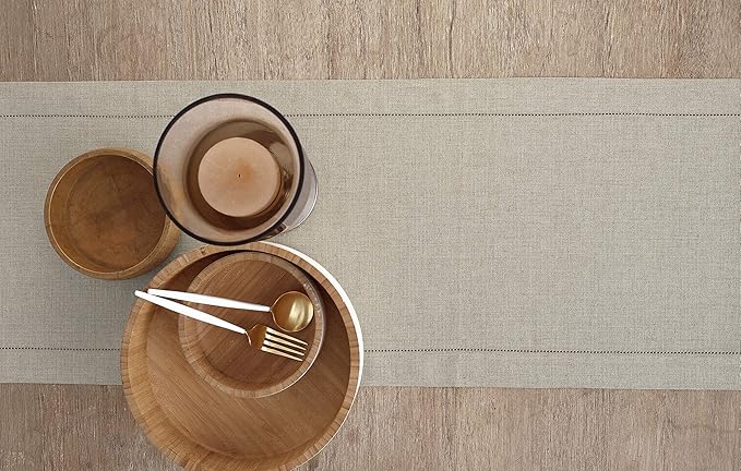 Solino Home Linen Natural Table Runner 90 Inches Long - 100% Pure Linen Hemstitch 14 x 90 Inch Table Runner for Dining, Christmas, New Year - Classic Hemstitch