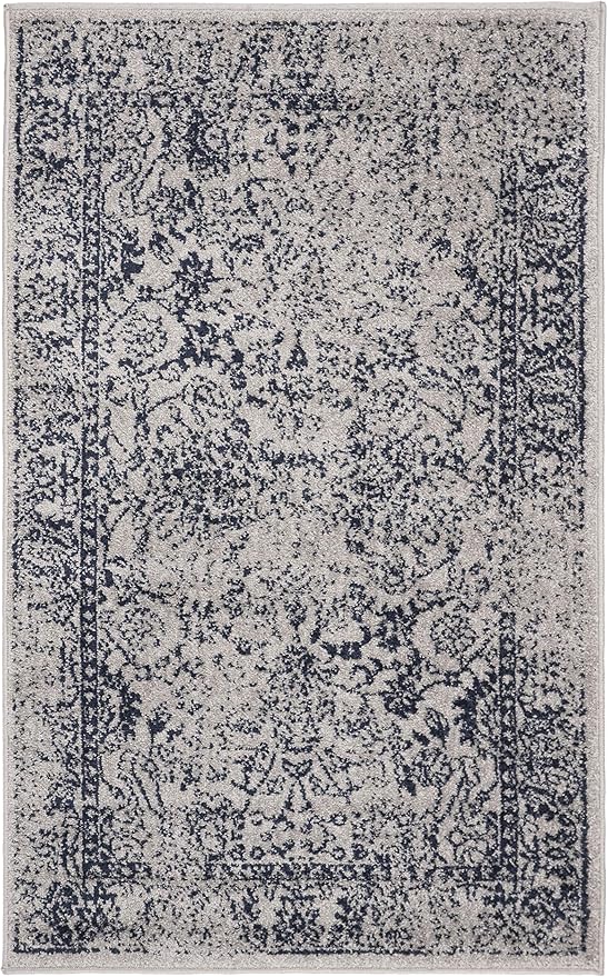 SAFAVIEH Adirondack Collection Area Rug - 3' Square, Grey & Navy, Distressed Vintage Floral Design, Non-Shedding & Easy to Clean, Ideal for Living Room, Bedroom, Dining Space (ADR109P)