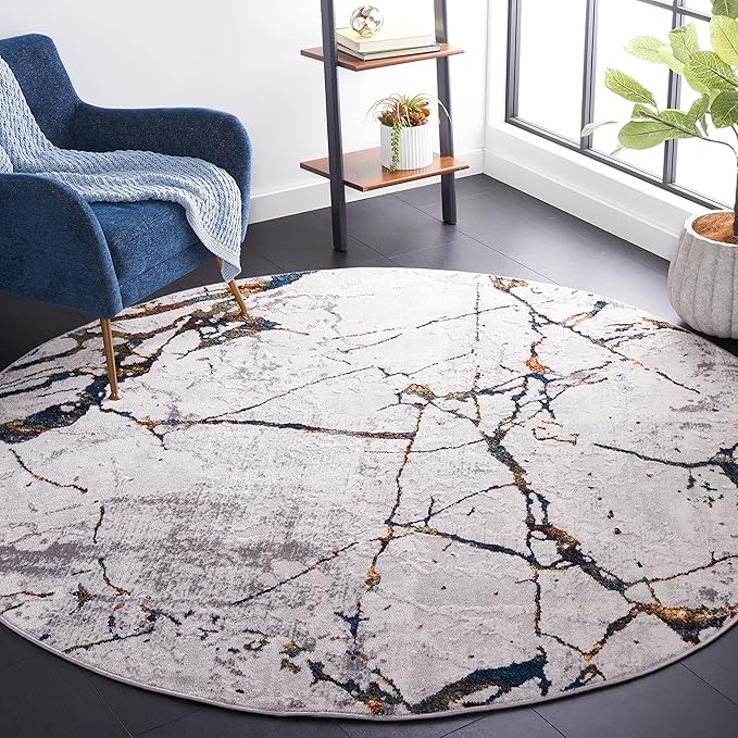 SAFAVIEH Amelia Collection Area Rug - 5' Round, Grey & Blue Gold, Modern Abstract Design, Non-Shedding & Easy Care, Ideal for High Traffic Areas in Living Room, Bedroom (ALA293M)