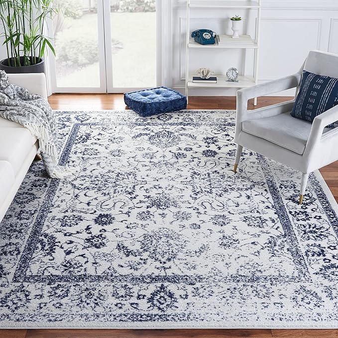 SAFAVIEH Area Rug 11x15 - Adirondack Collection - Large - Ivory & Navy, Distressed Vintage Floral Design, Non-Shedding & Easy to Clean, Ideal for Living Room, Bedroom, Dining (ADR109M)