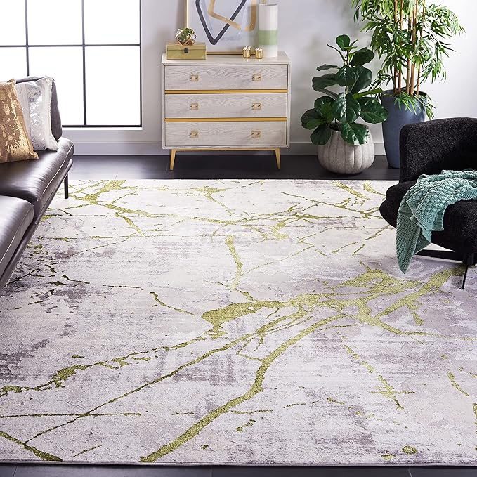 SAFAVIEH Amelia Collection Area Rug - 10' x 14', Grey & Green, Modern Abstract Design, Non-Shedding & Easy Care, Ideal for High Traffic Areas in Living Room, Bedroom (ALA293J)