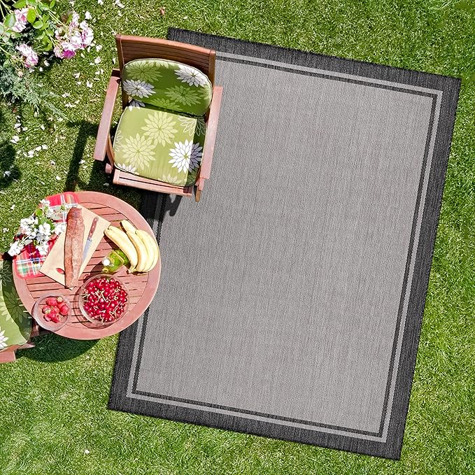 CAMILSON Indoor Outdoor Rug, 9x12 Bordered Gray Modern Area Rugs for Large Indoor and Outdoor Patios, Kitchen and Hallway Mats, Washable Porch Deck Outside Carpet (Bordered Grey, 9 x 12)
