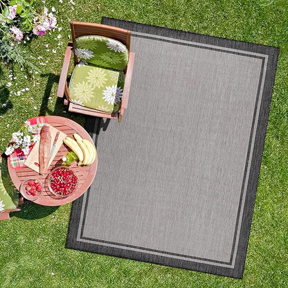 CAMILSON Indoor Outdoor Rug, 9x12 Bordered Gray Modern Area Rugs for Large Indoor and Outdoor Patios, Kitchen and Hallway Mats, Washable Porch Deck Outside Carpet (Bordered Grey, 9 x 12)