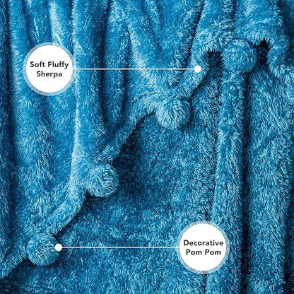 Pavilia Teal Sherpa Throw Blanket for Couch, Warm Plush Pom Blanket Throw, Blue Fuzzy Sofa Throw, Lightweight Soft Cozy Fluffy Blanket with Poms, Turquoise, 50x60