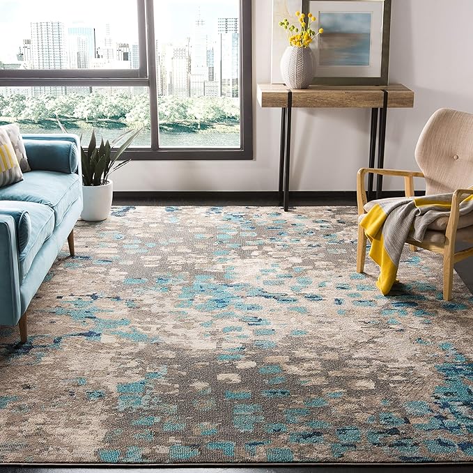 SAFAVIEH Monaco Collection Area Rug - 10' x 14', Grey & Light Blue, Boho Chic Abstract Watercolor Design, Non-Shedding & Easy Care, Ideal for High Traffic Areas in Living Room, Bedroom (MNC225E)