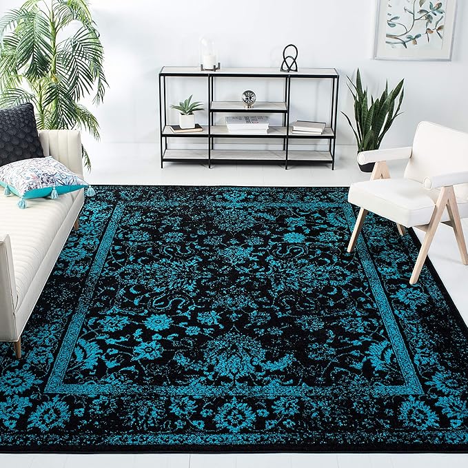 SAFAVIEH Area Rug 11x15 - Adirondack Collection - Large - Black & Teal, Distressed Vintage Floral Design, Non-Shedding & Easy to Clean, Ideal for Living Room, Bedroom, Dining Space (ADR109K)