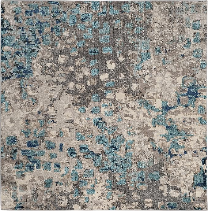 SAFAVIEH Monaco Collection Area Rug - 3' Square, Grey & Light Blue, Boho Chic Abstract Watercolor Design, Non-Shedding & Easy Care, Ideal for High Traffic Areas in Living Room, Bedroom (MNC225E)
