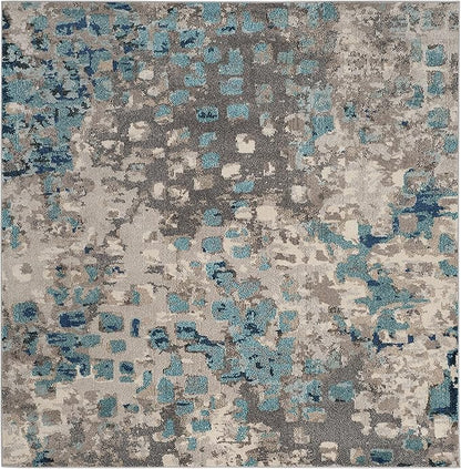 SAFAVIEH Monaco Collection Area Rug - 8'8" Square, Grey & Light Blue, Boho Chic Abstract Watercolor Design, Non-Shedding & Easy Care, Ideal for High Traffic Areas in Living Room, Bedroom (MNC225E)