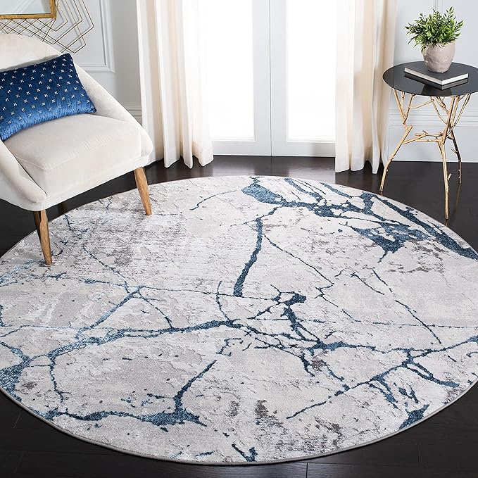 SAFAVIEH Amelia Collection 3' Round Grey/Blue ALA293F Modern Abstract Non-Shedding Living Room Dining Bedroom Foyer Area Rug