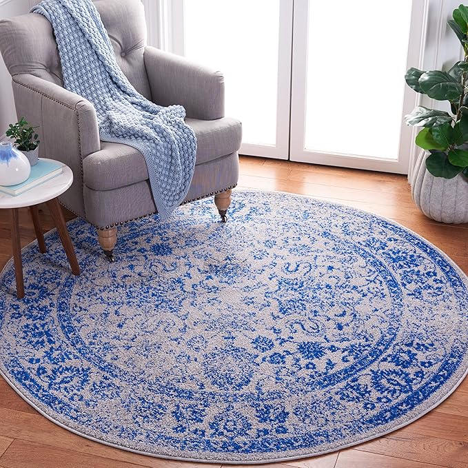 SAFAVIEH Adirondack Collection Area Rug - 6' Round, Grey & Blue, Distressed Vintage Floral Design, Non-Shedding & Easy to Clean, Ideal for Living Room, Bedroom, Dining Space (ADR109A)