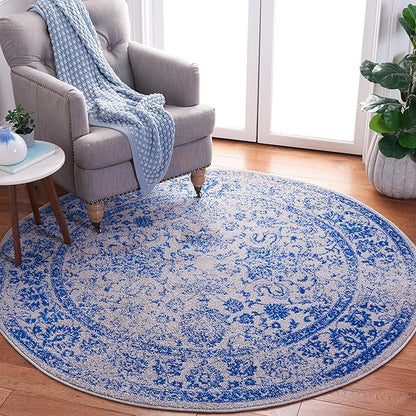 SAFAVIEH Adirondack Collection Area Rug - 6' Round, Grey & Blue, Distressed Vintage Floral Design, Non-Shedding & Easy to Clean, Ideal for Living Room, Bedroom, Dining Space (ADR109A)