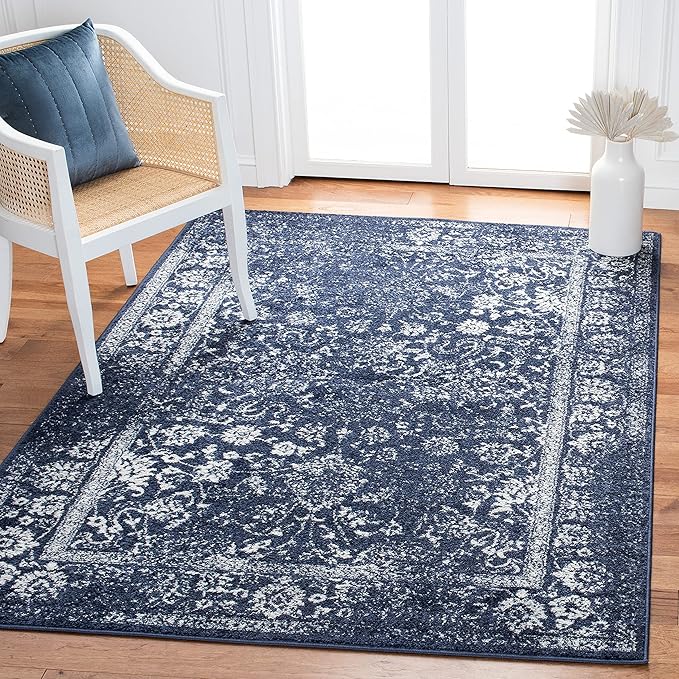 SAFAVIEH Adirondack Collection Area Rug - 6' Square, Navy & Ivory, Distressed Vintage Floral Design, Non-Shedding & Easy to Clean, Ideal for Living Room, Bedroom, Dining Space (ADR109N)
