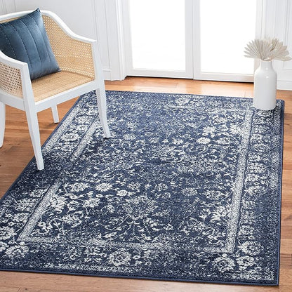 SAFAVIEH Adirondack Collection Area Rug - 6' Square, Navy & Ivory, Distressed Vintage Floral Design, Non-Shedding & Easy to Clean, Ideal for Living Room, Bedroom, Dining Space (ADR109N)