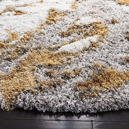 SAFAVIEH Horizon Shag Collection Area Rug - 3' Round, Grey & Gold, Modern Abstract Design, Non-Shedding & Easy Care, 2.6-inch Thick Ideal for High Traffic Areas in Living Room, Bedroom (HZN890D)