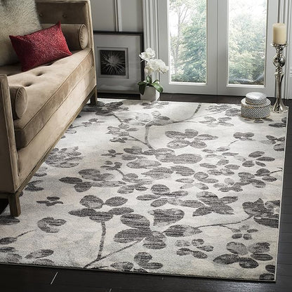 SAFAVIEH Evoke Collection Area Rug - 9' x 12', Grey & Black, Floral Design, Non-Shedding & Easy Care, Ideal for High Traffic Areas in Living Room, Bedroom (EVK236R)