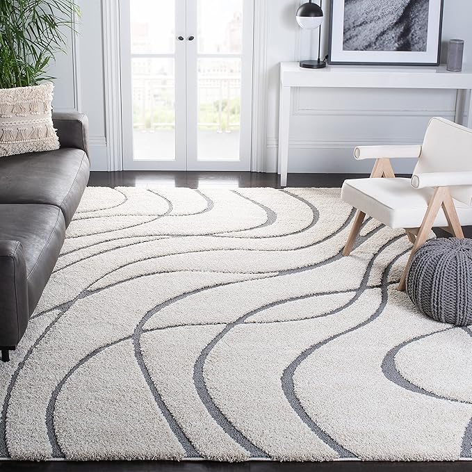 SAFAVIEH Florida Shag Collection Area Rug - 8' Square, Cream & Grey, Non-Shedding & Easy Care, 1.2-inch Thick Ideal for High Traffic Areas in Living Room, Bedroom (SG471-1180)