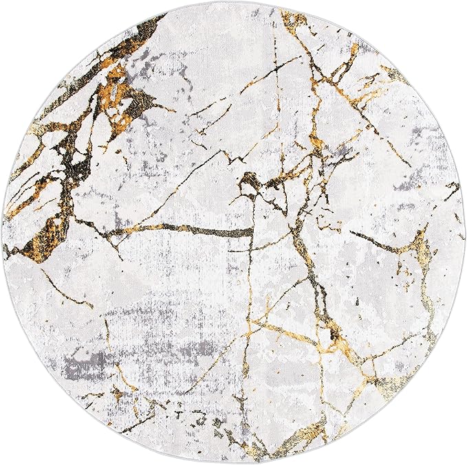SAFAVIEH Amelia Collection Area Rug - 10' Round, Grey & Gold, Modern Abstract Design, Non-Shedding & Easy Care, Ideal for High Traffic Areas in Living Room, Bedroom (ALA293G)