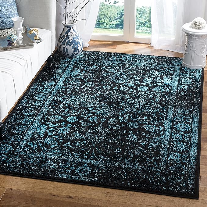 SAFAVIEH Adirondack Collection Area Rug - 6' Square, Black & Teal, Distressed Vintage Floral Design, Non-Shedding & Easy to Clean, Ideal for Living Room, Bedroom, Dining Space (ADR109K)
