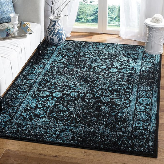 SAFAVIEH Adirondack Collection Area Rug - 5'1" x 7'6", Black & Teal, Distressed Vintage Floral Design, Non-Shedding & Easy to Clean, Ideal for Living Room, Bedroom, Dining Space (ADR109K)