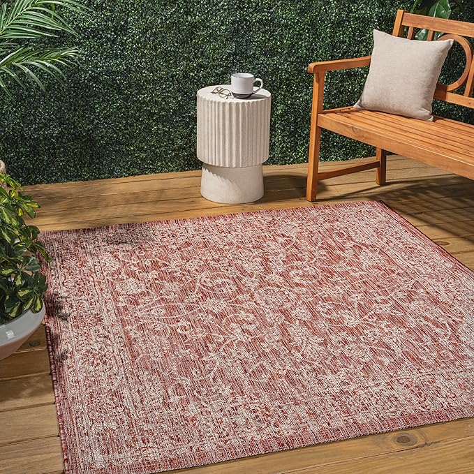 JONATHAN Y Weave Floral Indoor Outdoor Square Area Rug 4X4 Red/Taupe, Tela Bohemian Textured for Backyard, Patio, Porch, Easy-Cleaning, High Traffic, Pet-Friendly, Non-Shedding (SMB100A-4SQ)
