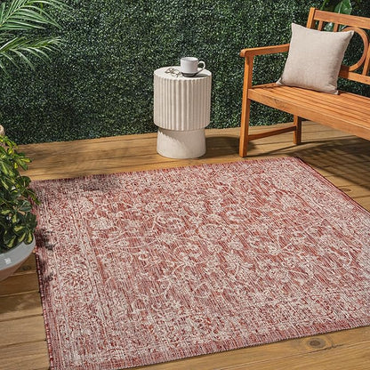 JONATHAN Y Weave Floral Indoor Outdoor Square Area Rug 8X8 Red/Taupe, Tela Bohemian Textured for Backyard, Patio, Porch, Easy-Cleaning, High Traffic, Pet-Friendly, Non-Shedding (SMB100A-8SQ)