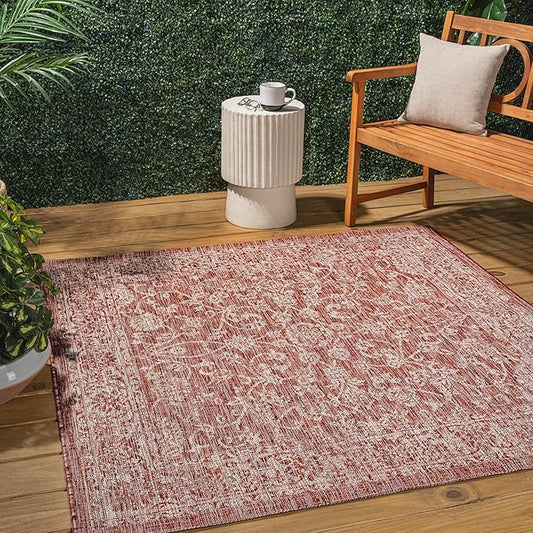 JONATHAN Y Weave Floral Indoor Outdoor Square Area Rug 9X9 Red/Taupe, Tela Bohemian Textured for Backyard, Patio, Porch, Easy-Cleaning, High Traffic, Pet-Friendly, Non-Shedding (SMB100A-9SQ)