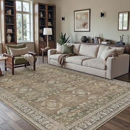 8x10 Brown Area Rug for Living Room Washable Vintage Distressed Carpet Large Bedroom Low Pile Non Slip Indoor Soft Retro Throw Accent Rug Office Kitchen Bathroom Dining Room
