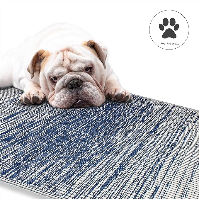 Fab Habitat Abstract Distressed Stripes Outdoor Rug - Waterproof, Fade Resistant, Crease-Free, Reversible - Premium Recycled Plastic - Patio Porch Balcony Deck - Brooklyn Blue - 8x10 ft