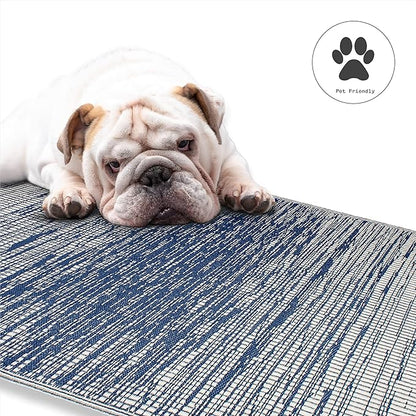 Fab Habitat Abstract Distressed Stripes Outdoor Rug - Waterproof, Fade Resistant, Crease-Free, Reversible - Premium Recycled Plastic - Patio Porch Balcony Deck - Brooklyn Blue - 8x10 ft