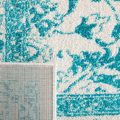 SAFAVIEH Adirondack Collection Area Rug - 4' Square, Ivory & Teal, Distressed Vintage Floral Design, Non-Shedding & Easy to Clean, Ideal for Living Room, Bedroom, Dining Space (ADR109D)