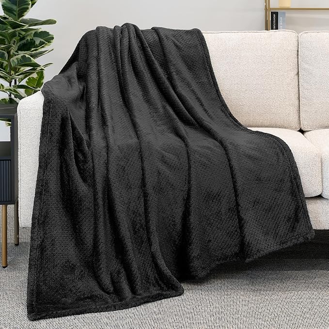 PAVILIA Black Throw Blanket for Couch, Twin Bed, Soft Fleece Throws for Sofa Chair, Fuzzy Waffle Textured Blanket, Cozy Warm Lightweight All Season Blanket Throw, 60x80