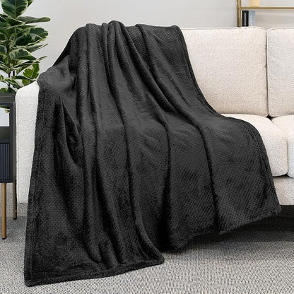 PAVILIA Black Throw Blanket for Couch, Twin Bed, Soft Fleece Throws for Sofa Chair, Fuzzy Waffle Textured Blanket, Cozy Warm Lightweight All Season Blanket Throw, 60x80