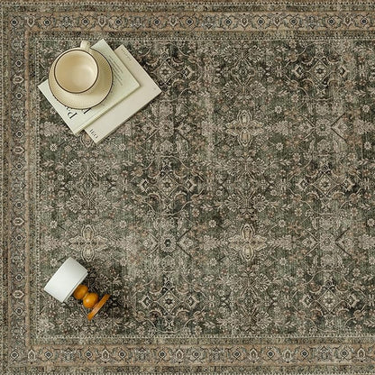 Entryway Area Rug 2x3 Green Brown Vintage Washable Kitchen Bathroom Carpet Traditional Distressed Soft Non Slip Small Door Mat Retro Low Pile Thin Rug for Entrance Laundry Bedroom