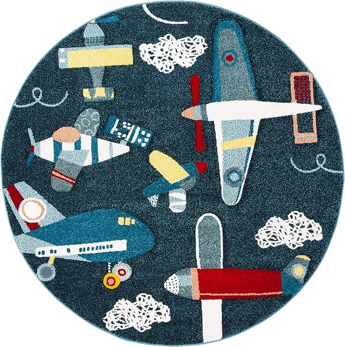 SAFAVIEH Carousel Kids Collection 5'3" Round Navy/Ivory CRK167N Airplane Nursery Playroom Area Rug