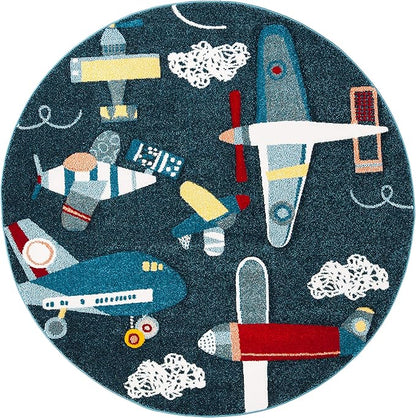 SAFAVIEH Carousel Kids Collection 5'3" Round Navy/Ivory CRK167N Airplane Nursery Playroom Area Rug