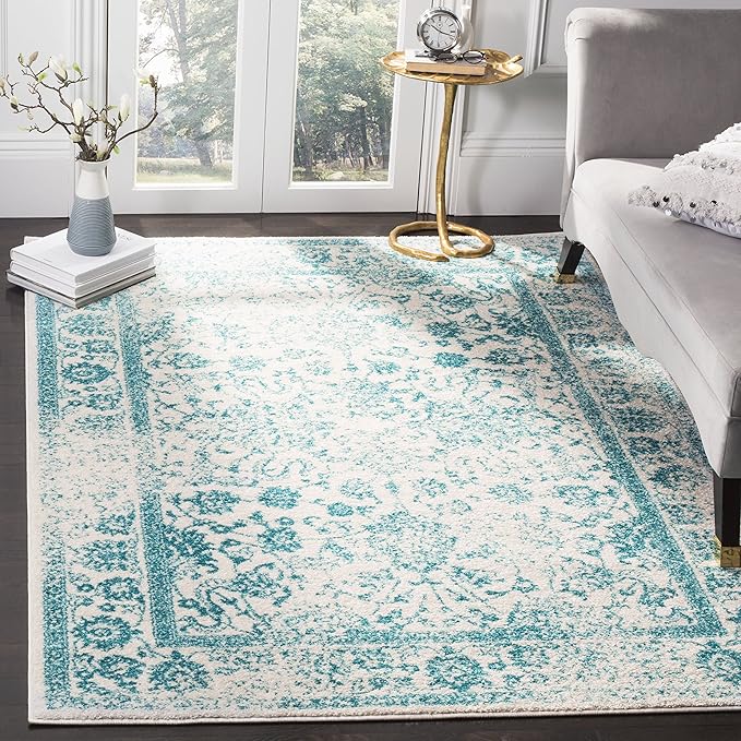 SAFAVIEH Area Rug 3x5 - Adirondack Collection - Ivory & Teal, Distressed Vintage Floral Design, Non-Shedding & Easy to Clean, Ideal for Living Room, Bedroom, Dining Space (ADR109D)