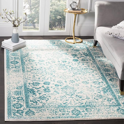 SAFAVIEH Area Rug 3x5 - Adirondack Collection - Ivory & Teal, Distressed Vintage Floral Design, Non-Shedding & Easy to Clean, Ideal for Living Room, Bedroom, Dining Space (ADR109D)