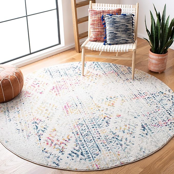 SAFAVIEH Tulum Collection Area Rug - 11' Round, Ivory & Blue, Moroccan Boho Tribal Design, Non-Shedding & Easy to Clean, Ideal for Living Room, Bedroom, Dining Space (TUL272C)