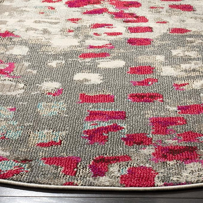 SAFAVIEH Monaco Collection Area Rug - 6'7" Round, Grey & Fuchsia, Boho Chic Abstract Watercolor Design, Non-Shedding & Easy Care, Ideal for High Traffic Areas in Living Room, Bedroom (MNC225R)
