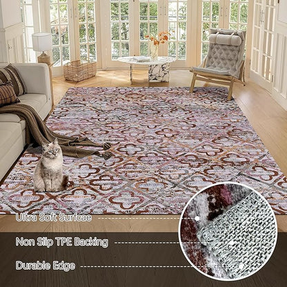 RUGSURE Washable Area Rugs, 6' x 9' - 1/6 Thick - Stain & Water Resistant Non-Slip - Perfect Resistant Rug for Living Room, Bedroom, Nursery, Pet & Child Friendly, Vibrant Colors Rugs, Purple