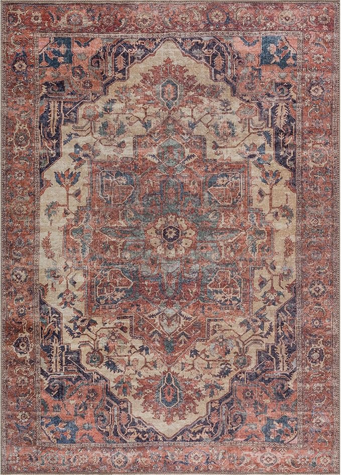 Bloom Rugs Washable Non-Slip 2' x 3' Rug - Beige/Terracotta Traditional Oriental Area Rug for Living Room, Bedroom, Dining Room, and Kitchen - Exact Size: 2' x 3'