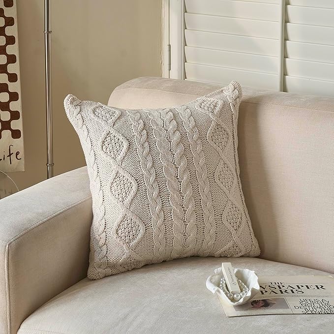 DOKOT Knit Throw Pillow Cover Decorative Cable Braid and Diamond Knitting Square Warm Cushion Cover (Beige, (18x18 inches(45x45cm))