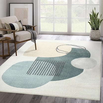 Abani Deco Collection Area Rug -Cream/Green Minimalist Design -5'3" x 7'6"(5'x8') - Easy to Clean - Durable for Kids and Pets - Non-Shedding - Medium Pile- for Living Room, Bedroom & Office