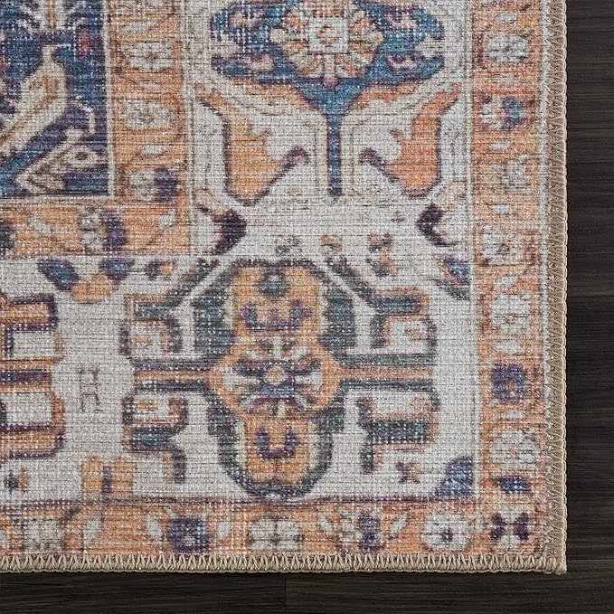 Bloom Rugs Washable 12 ft Runner - Orange / Blue / Beige Traditional Persian Runner for Entryway, Hallway, Bathroom, and Kitchen - Exact Size: 2'5" x 12"