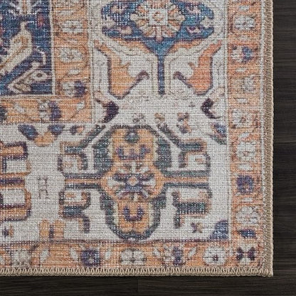 Bloom Rugs Washable 12 ft Runner - Orange / Blue / Beige Traditional Persian Runner for Entryway, Hallway, Bathroom, and Kitchen - Exact Size: 2'5" x 12"
