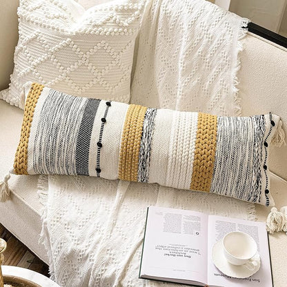 BlissBlush Fall Decorative Lumbar Throw Pillow Cover 14x36 Boho Long Cushion for Bed Yellow Mustard Accent Farmhouse Pillowcase for Bedroom Living Room Couch Sofa Home Décor Cover ONLY