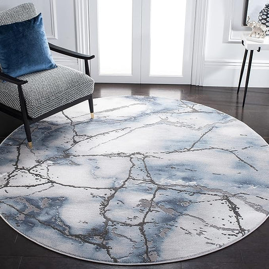SAFAVIEH Craft Collection Area Rug - 9' Round, Grey & Blue, Modern Abstract Design, Non-Shedding & Easy Care, Ideal for High Traffic Areas in Living Room, Bedroom (CFT877L)