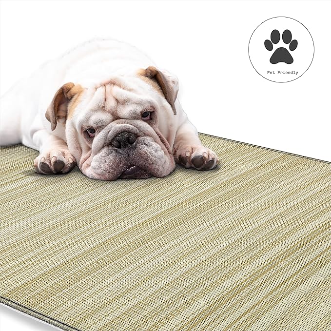 Fab Habitat Outdoor Rug - Waterproof, Fade Resistant, Crease-Free - Premium Recycled Plastic - Neutral Striped - Patio, Porch, Deck, Balcony - Cancun Shadow - Sand & Black - 5 x 8 ft
